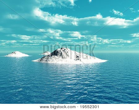 Il grande iceberg sulla scena 3d panorama sull'oceano aperto.