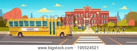 Group Of Pupils Mix Race Walking To School Building From Yellow Bus Primary Schoolchildren Students Flat Vector Illustration