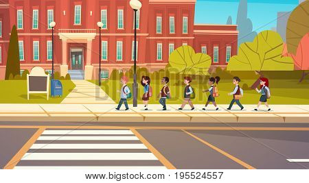 Group Of Pupils Mix Race Walking To School Building Primary Schoolchildren Students Flat Vector Illustration