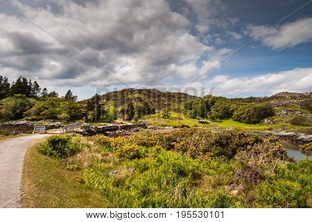 Assynt Peninsula Scotland - June 7 2012: Short stone bridge over creek landing into Atlantic Ocean inlet South of Loch An Arbhair under heavy sky. Forested hills and ocean waters.