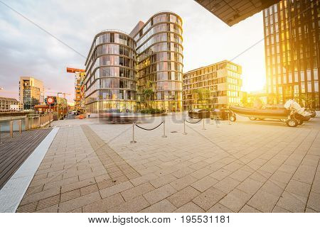 Sunset view on the Medienhafen financial district with modern buildings in Dusseldorf city, Germany