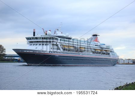 Velsen The Netherlands - April 27th 2017: Balmoral Fred Olsen Cruise Lines in North Sea Canal towards IJmuiden sealock