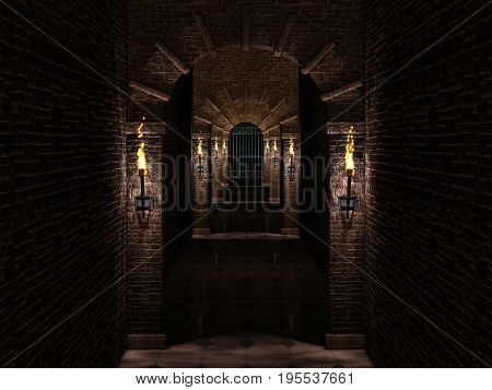 Dark medieval castle corridor with iron castle gate.3d illustration.
