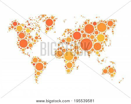 Vector world map mosaic of orange dots in various sizes and shades on white background. Vector illustration. Abstract background theme.