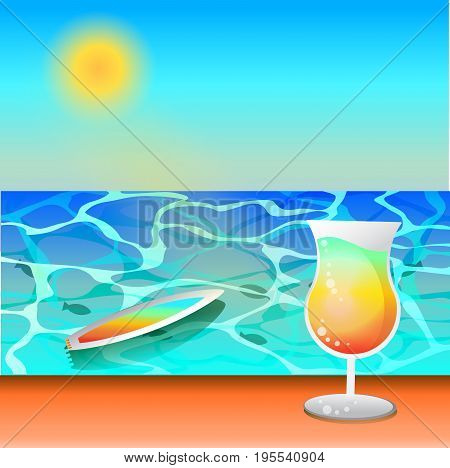 Vector holidays design. Sea view from the beach. Surfboard in the turquoise waters. Drinks on the table