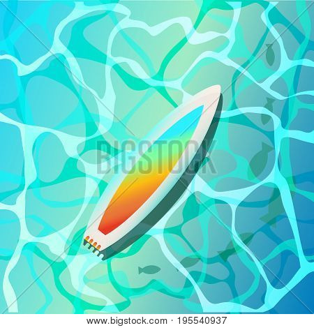 Vector holidays design. surfboard in the turquoise waters. Aerial view