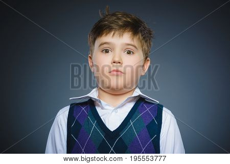Closeup Scared and shocked little boys. Studio shot portrait over gray background. Human emotion face expression. Life perception achievement vision.