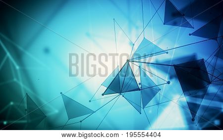 Abstract mesh wireframe connected point blue polygonal backdrop. Technology innovation and network concept. 3D Rendering