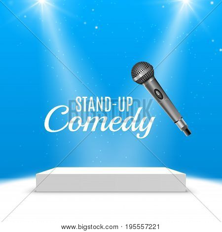 Stand up comedy event poster. Vector microphone illustration. Concert comedy show with stage.