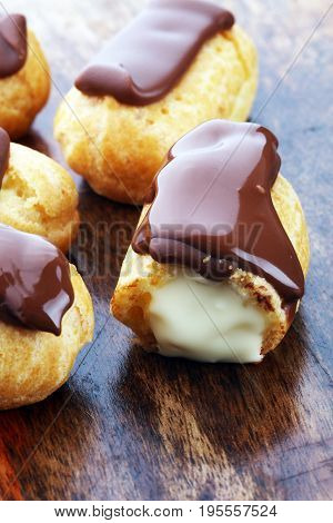 Traditional French Dessert. Eclair With Chocolate Icing. Pastery