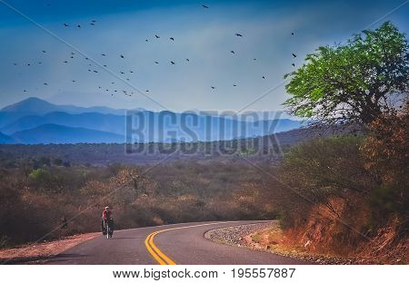 Woman cycling on the famous national Ruta 40 quarenta in central Argentina