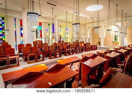GALILEE ISRAEL - JUNE 24: Interior of the Sanctuary of the Word in Domus Galilaeae on the Mount of Beatitudes near the Sea of Galilee Israel on June 24 2017