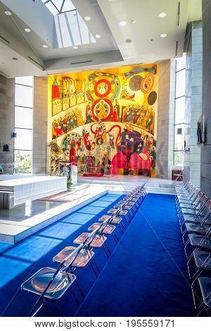 GALILEE ISRAEL - JUNE 24: Interior of the Church for celebrations with Mural in Domus Galilaeae on the Mount of Beatitudes near the Sea of Galilee Israel on June 24 2017