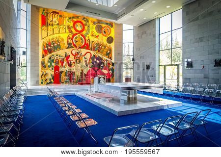 GALILEE ISRAEL - JUNE 24: Interior of the Church for celebrations with Mural in Domus Galilaeae on the Mount of Beatitudes near the Sea of Galilee Israel on June 24 2017