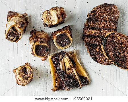 close up of rustic english bone marrow toast