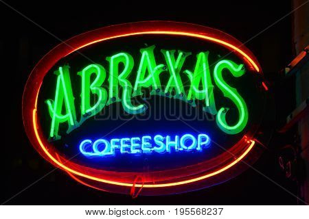 Amsterdam Netherlands,October 4th 2013.A lit up neon sign of the Abraxas coffee shop  in Amsterdam.