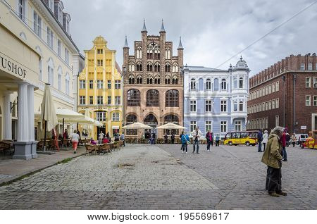 SAAREMAA, ESTONIA 7TH SPETEMBER 2012 - Market square with colourful ancient buildings Stralsund Germany
