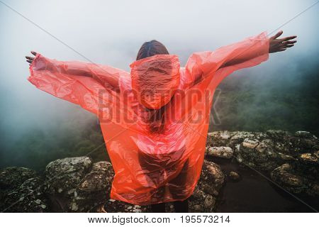 Asian women travel sleep relax. Morning atmosphere nature Forests. walk in the forest rainy season. puhinrongkla Thailand