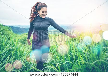 Asian women travel sleep relax. Morning atmosphere nature Forests mountains. khaoko Thailand