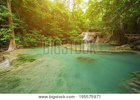 Level 1 Of Erawan Waterfall With Neolissochilus Stracheyi Fish In Kanchanaburi, Thailand