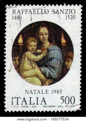 ITALIA - CIRCA 1983: A stamp printed in Italia shows Madonna and Child, painting by italian artist Raphael Sanzio, christmas, circa 1983
