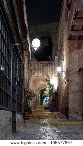 Tel Aviv -Yafo Israel July 08 2016 : Queet street - Mazal Dagim at night in old city Yafo Israel.
