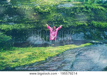 Asian women travel sleep relax. Morning atmosphere nature Forests. walk in the forest rainy season. puhinrongkla Thailand