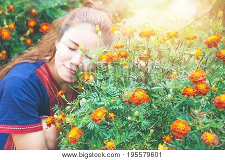 Asian women travel sleep relax. Morning atmosphere nature ForestsHill tribe. khaoko Thailand