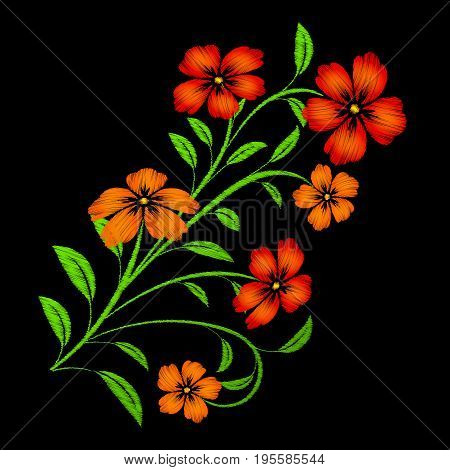 Embroidered red flowers on black background. Embroidered floral template with flowers for clothing design.