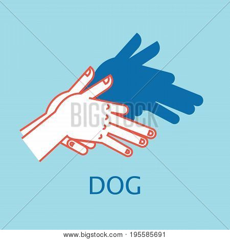 Shadow Theater. Hands gesture like Dog. Vector illustration of Shadow Hand Puppet isolated on a blue background. Wolf. Element for your design, artwork, print. Icon.
