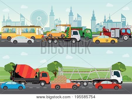 Highways road with many different vehicles with traffic traveling passing through the city and green landscape transportation design elements vector illustration.