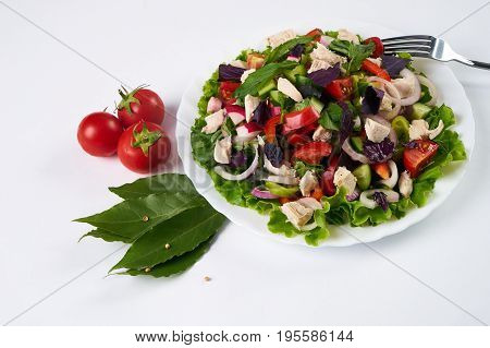 Vegetable fresh salad in white plate isolated on white. Healthy eating and detox contept