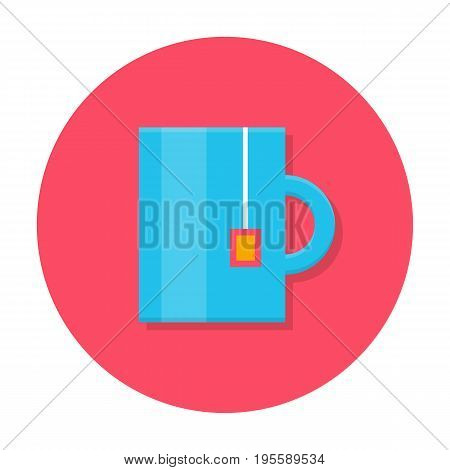 Tea mug flat icon. Blue mug with tea bag pocket, lunch time in the office, coffee break. Vector flat style cartoon illustration in rounded shape. Business concept
