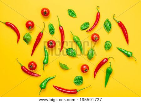 Above View At Chili Pepper And Tomatoes With Basil