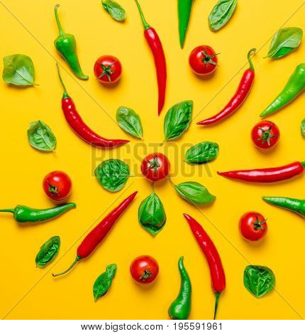 Above View At Chili Pepper And Tomatoes With Basil