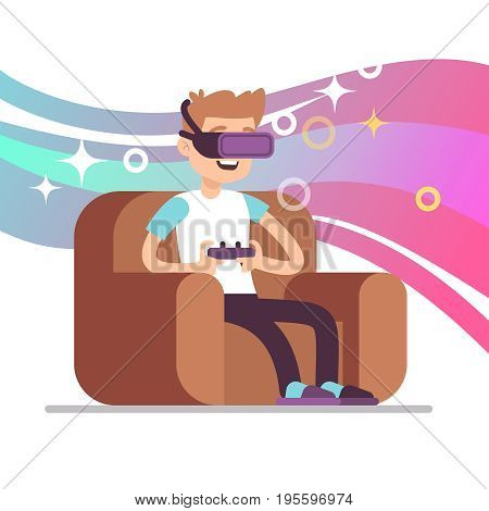 Virtual reality gaming vector concept with guy playing with vr headset. Vr headset for reality virtual gaming illustration