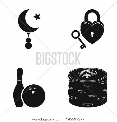 Star and crescent, Lock and other  icon in black style. bowling, sushi icons in set collection.