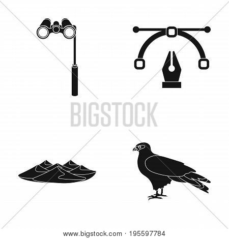 lorgnette, the placard feather and other  icon in black style. mountains, Eagle icons in set collection.