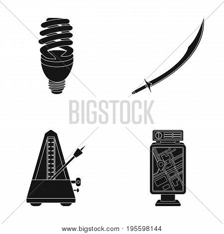 Economical lamp, scimitar and other  icon in black style. metronome, banner icons in set collection.