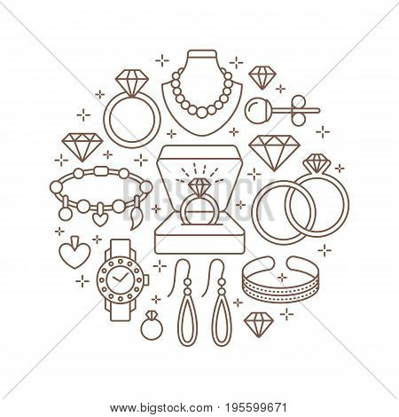 Jewelry shop, diamond accessories banner illustration. Vector line icon of jewels - gold watches, engagement rings, gem earrings, silver necklaces, charms, brilliants. Fashion store circle template.