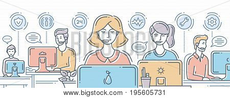 Call center - vector modern line design composition illustration with support team and its workplace. Header, banner for your website. Male, female office workers at the computers.