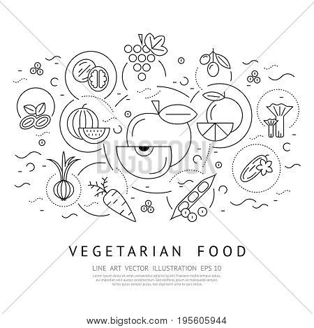 Digital vector black vegetable icons set infographics with drawn simple line art, onion squash pear orange apple grape carrot wallnut peas watermelon flower cabage, flat style, vegetarian food