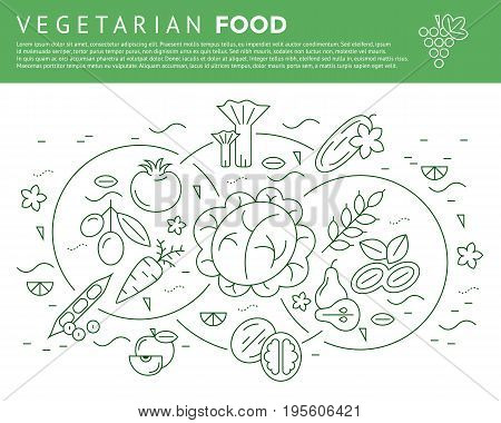 Digital vector green vegetable icons set infographics with drawn simple line art, onion squash pear orange apple grape carrot wallnut peas watermelon flower cabage, flat style, vegetarian food