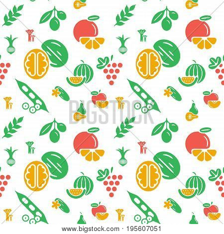 Digital green yellow vegetable icons set infographics drawn simple line art pattern, onion squash pear orange apple grape carrot wallnut peas watermelon cabage, flat, organic vegetarian food