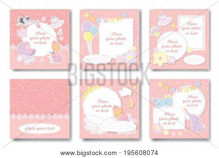 Girl album set. Covers and pages of pink photo book for new born girl.