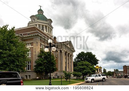 Pulaski Tennessee USA - June 23 2017: The Giles County courthouse and the historic downtown in Pulaski Tennessee.
