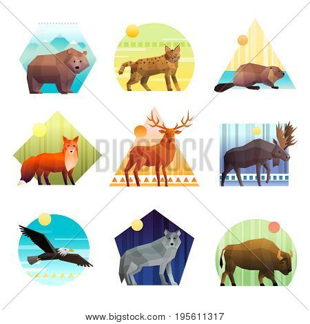 Colorful polygonal emblem of different shape set with wild animals and birds isolated on white background vector illustration