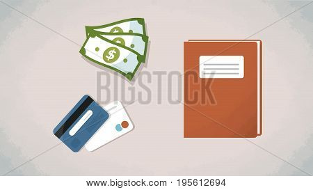 Money, credit cards and notebook on a table. Vector. Top view flat style items for cartoon, animation, advertise, lifestories