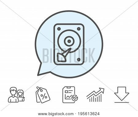 HDD icon. Hard disk storage sign. Hard drive memory symbol. Report, Sale Coupons and Chart line signs. Download, Group icons. Editable stroke. Vector
