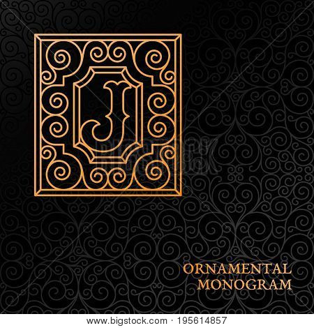 Flourishes luxury elegant ornamental monogram template with letter J in trendy linear style. Vector illustration.